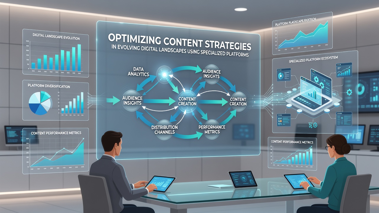 Content strategy team collaborating around specialized platform screens displaying multi-channel performance data