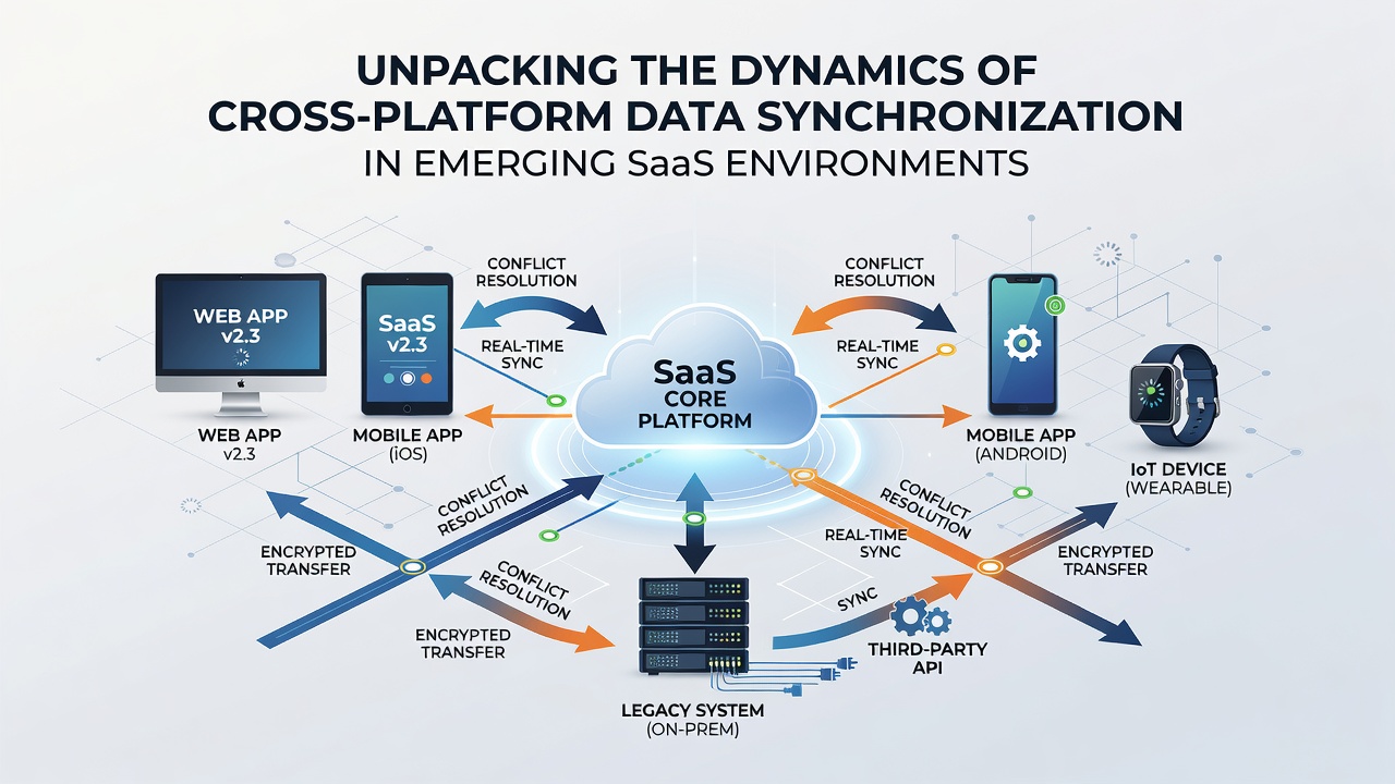 SaaS dashboard illustrating real-time data sync across mobile, desktop, and web platforms